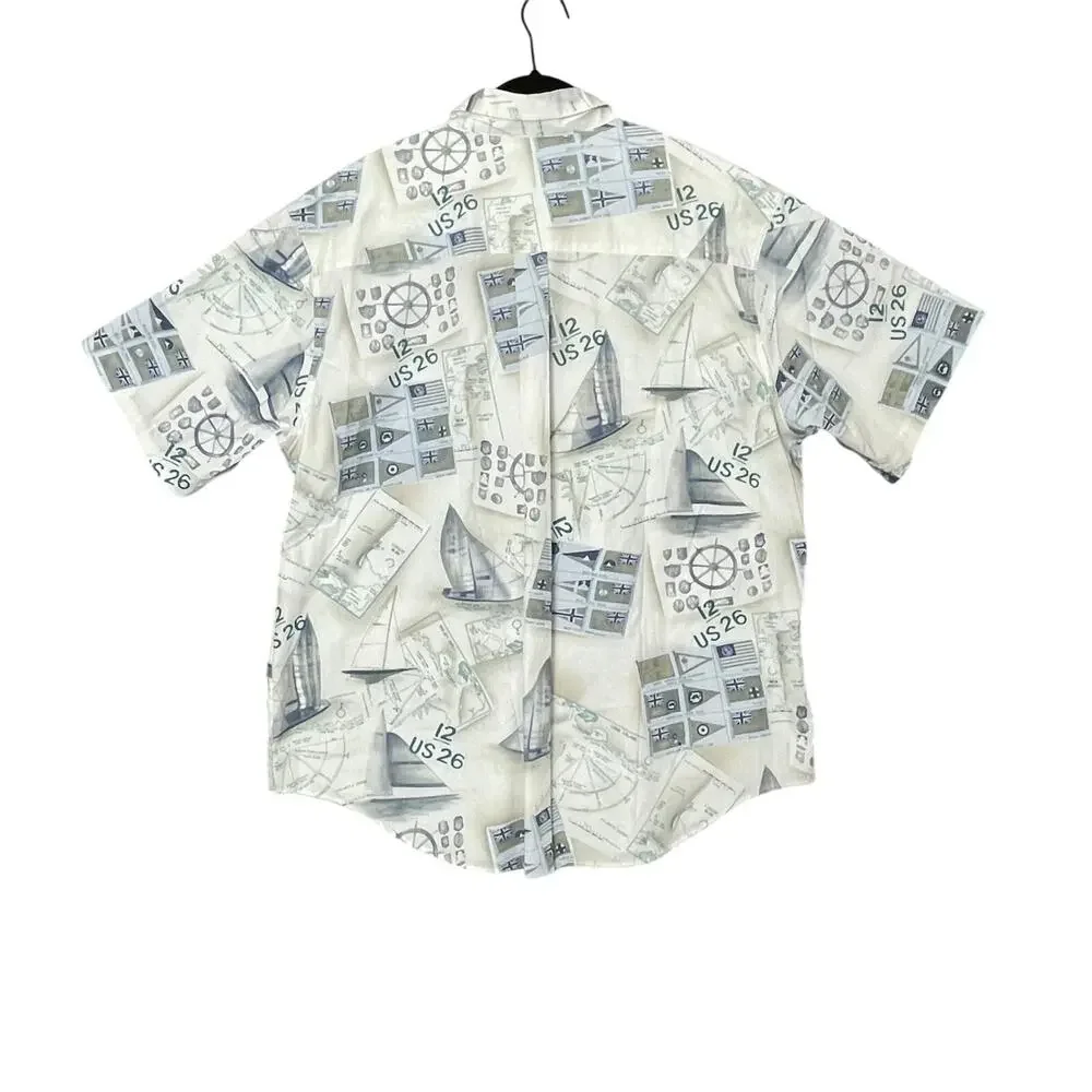 NEW Y2K Nautical Boat Hawaiian Button Up Shirt‎ Size XL Coastal Sailing Travel